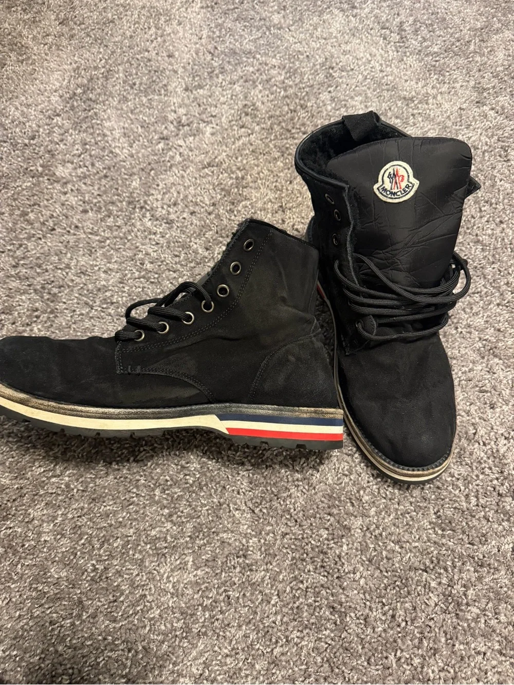 Moncler Black Suede High-Top Lace-Up Boots with Tricolor Sole Detail